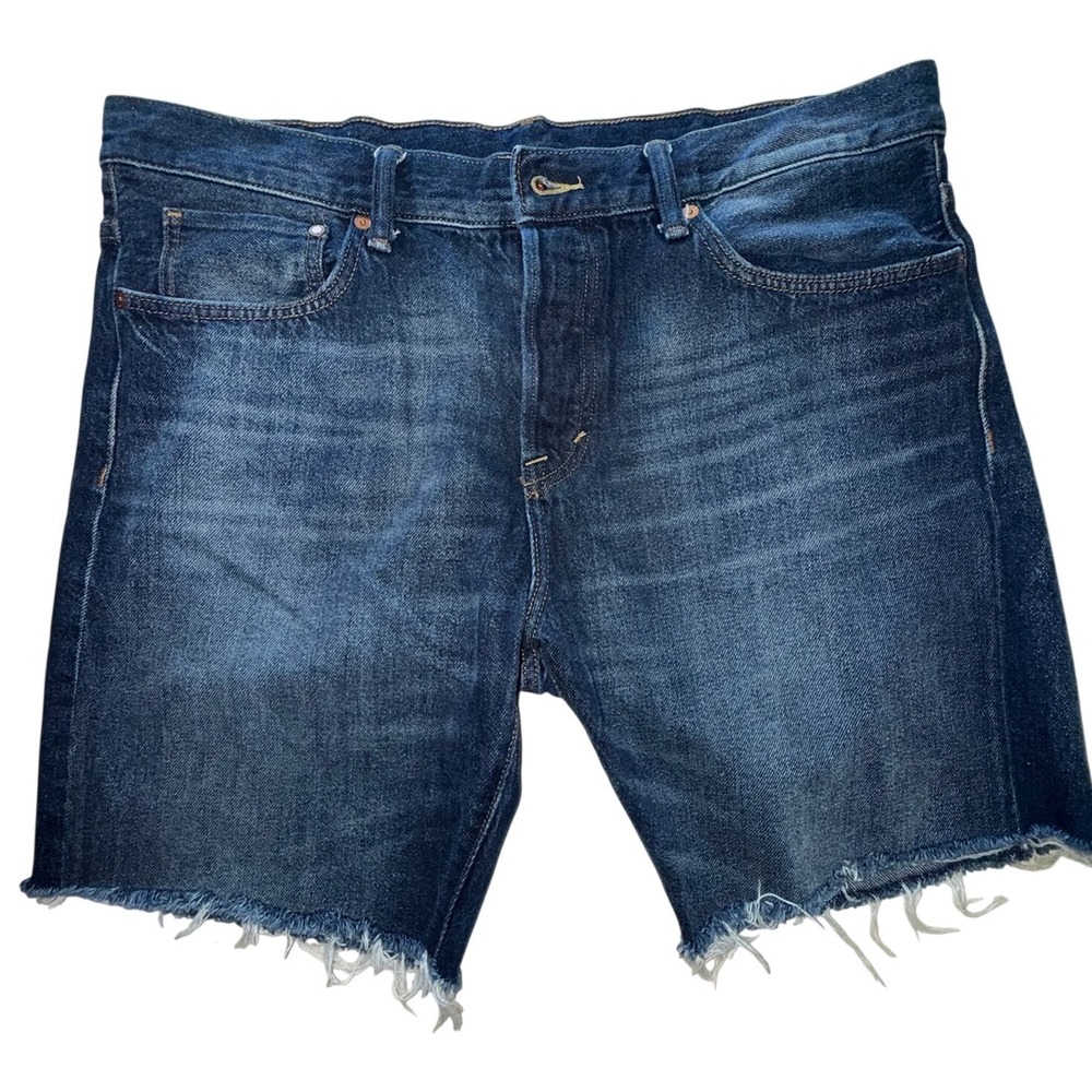 H&M &Denim Womens Dark Wash Straight Leg Cut Off Jean Shorts Size 38 Button Fly